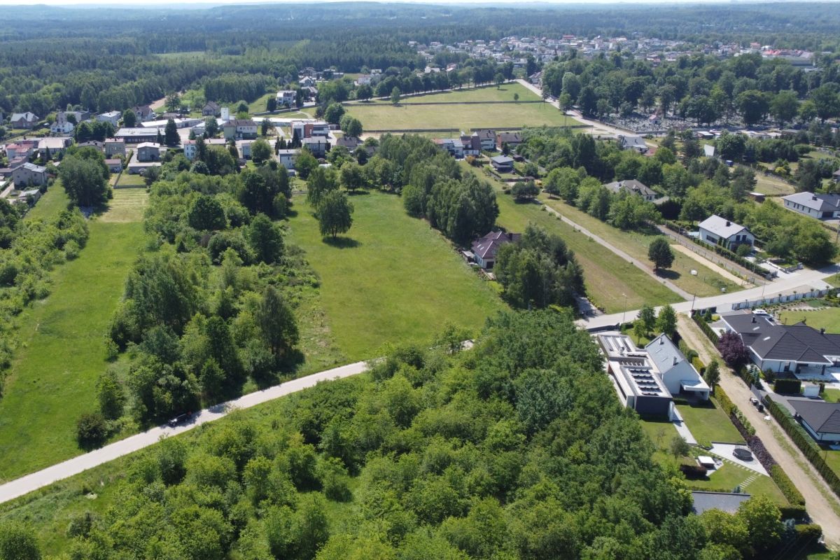 Aerial view of a suburban area with grassy fields, trees, and houses along winding roads