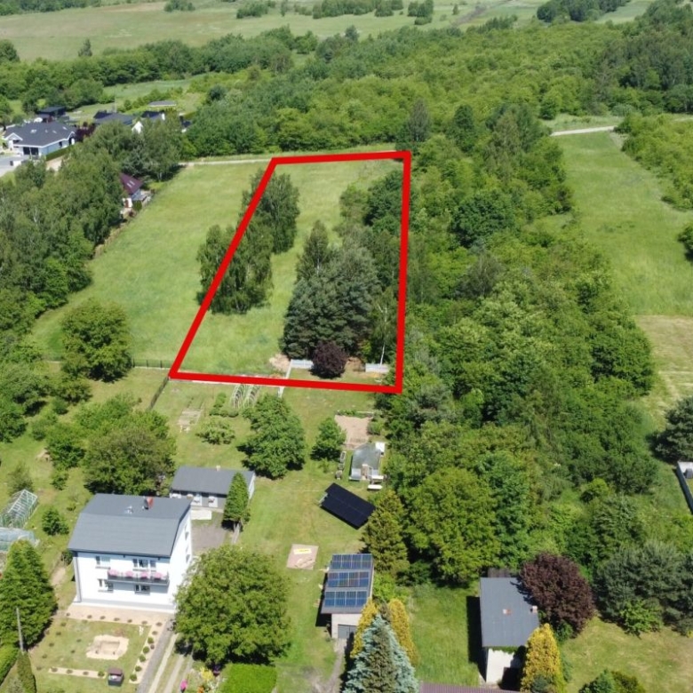 Aerial view of a rectangular plot of grassy land outlined in red, bordered by trees and neighboring properties in a suburban area.