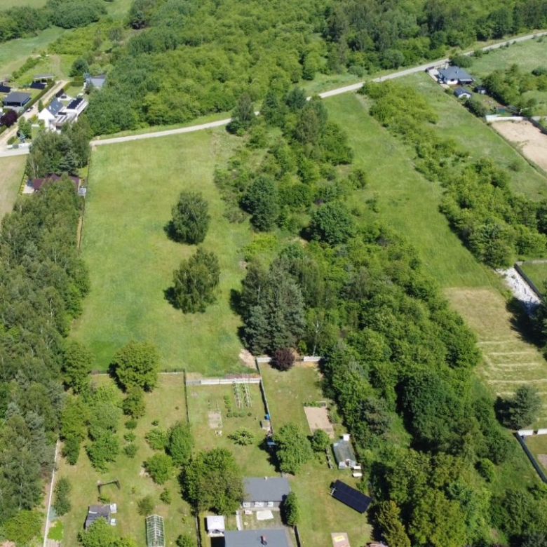 Aerial view of a green rural landscape with fields, trees, and scattered houses along winding roads.