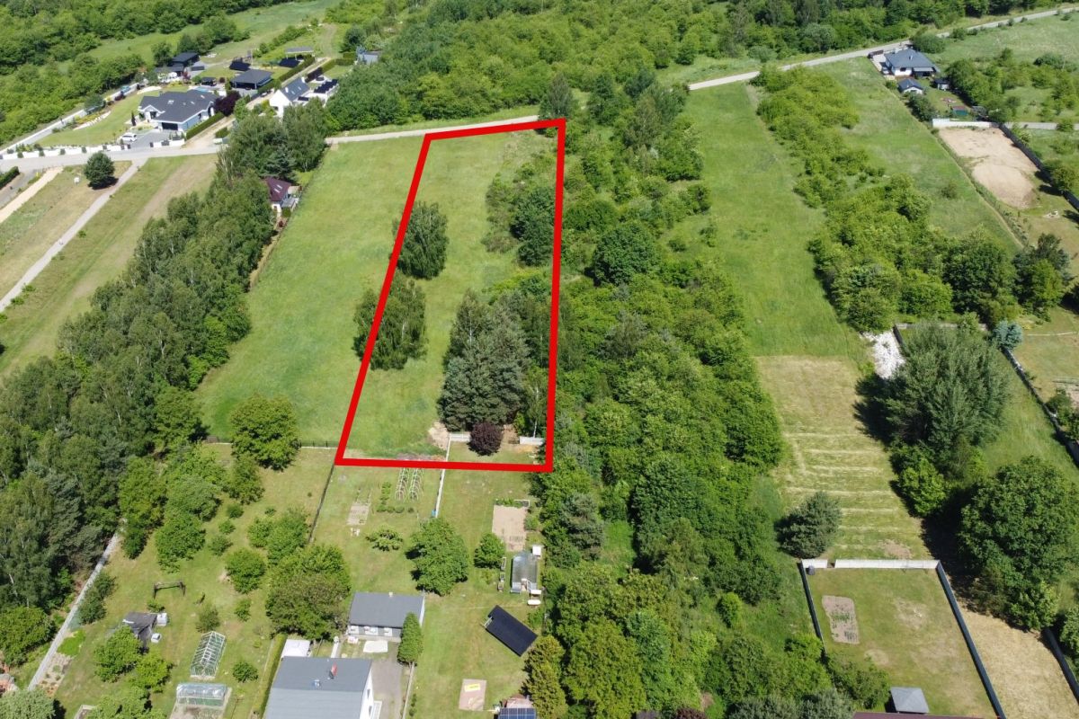 Aerial view of a rectangular green lot outlined in red, with trees along the edges and houses nearby in a suburban area.