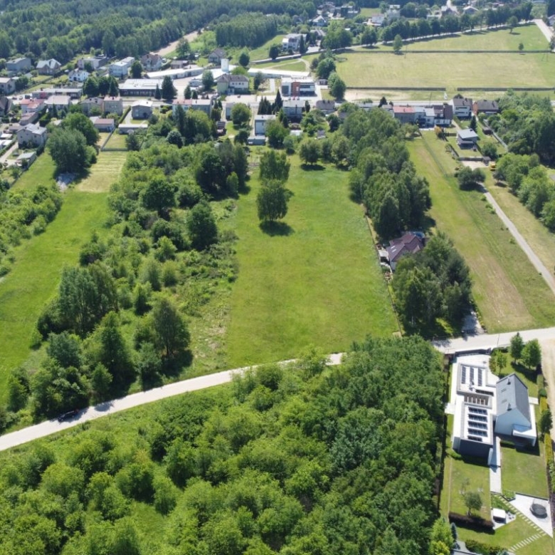 Aerial view of a small town with green fields, trees, and residential streets.
