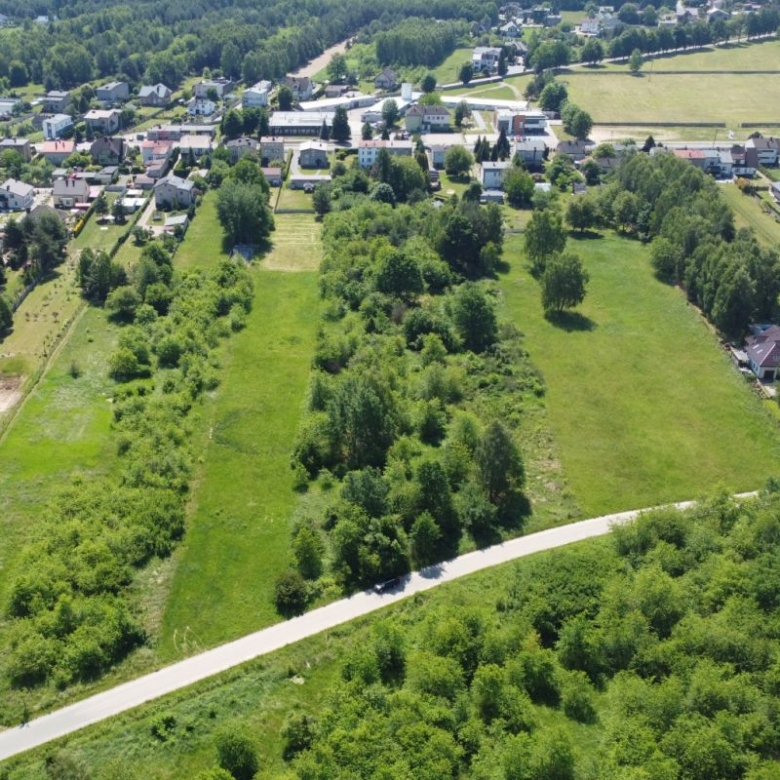 Aerial view of a suburban neighborhood adjacent to large grassy fields, with a curved road at the bottom and clusters of trees throughout.
