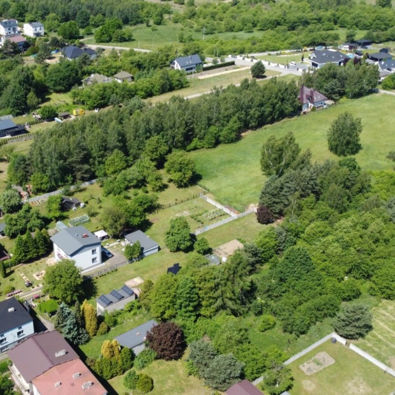 Aerial view of a leafy residential neighborhood with houses, gardens, and large grassy fields surrounded by trees when seen from above.