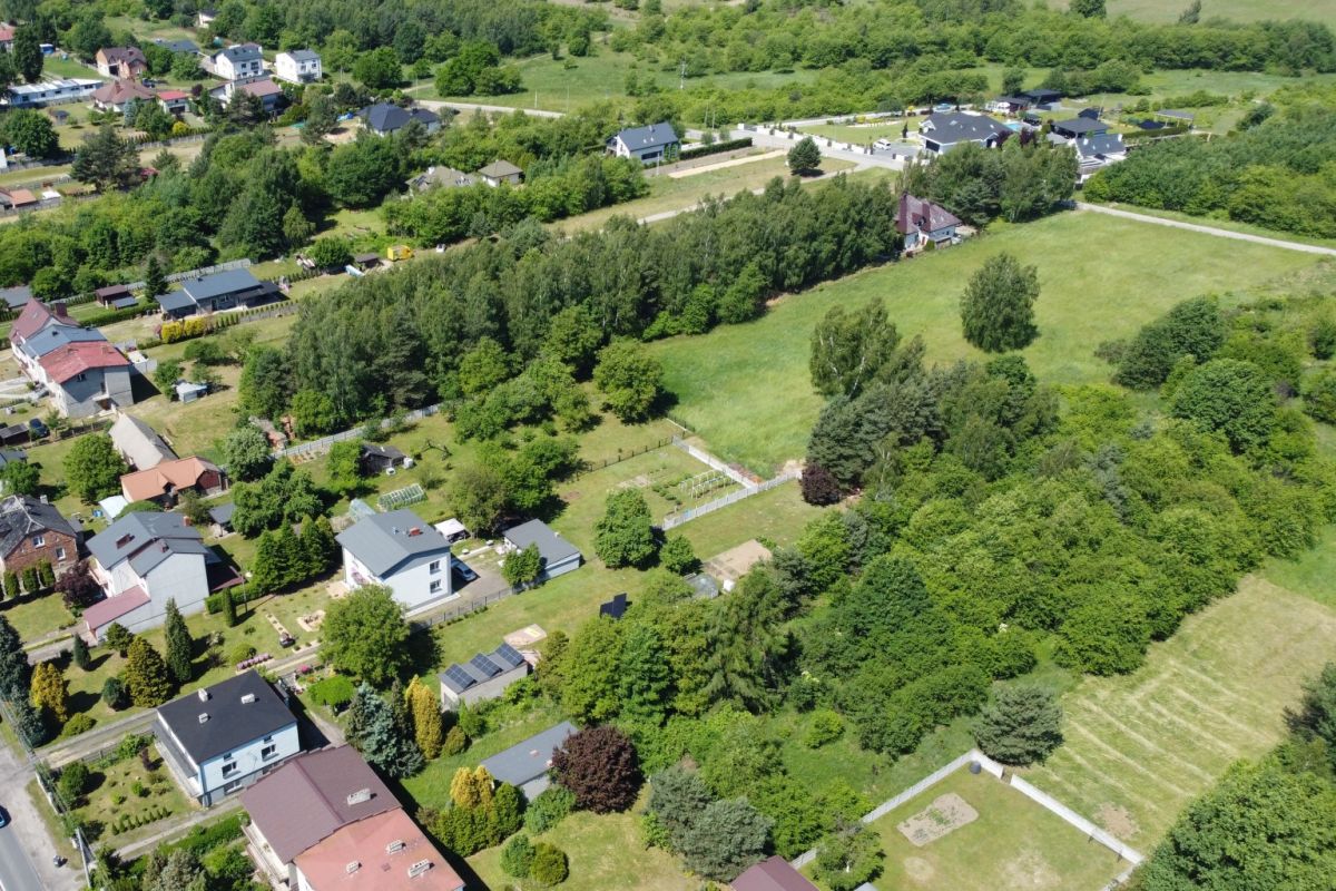 Aerial view of a leafy residential neighborhood with houses, gardens, and large grassy fields surrounded by trees when seen from above.