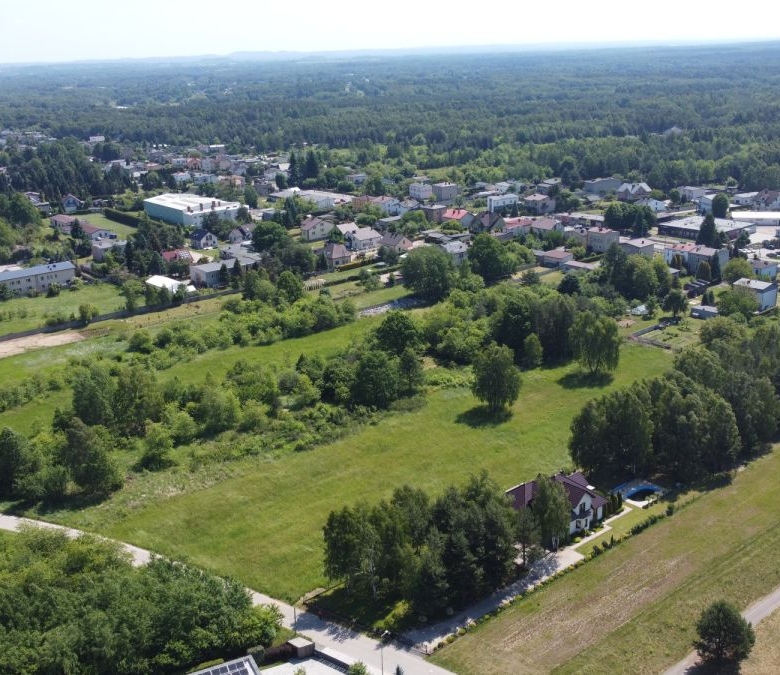 Aerial view of a rural town with green fields, tree-lined streets, and clusters of houses.