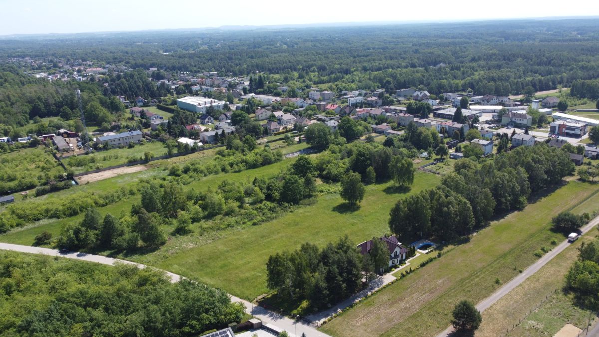 Aerial view of a rural town with green fields, tree-lined streets, and clusters of houses.