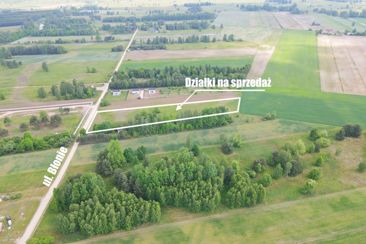 Aerial view of farmland with a white outline marking sale plots along a road, labeled Działki na sprzedaż near Ul. Błonie.