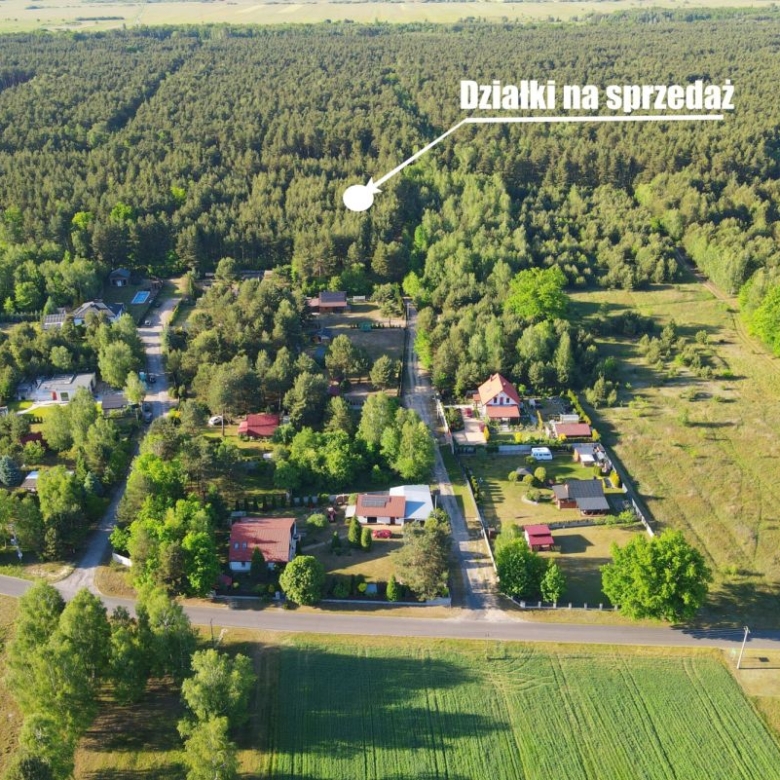 Aerial view of a rural village with houses, roads, and surrounding forest; label 'Działki na sprzedaż' points to plots for sale.