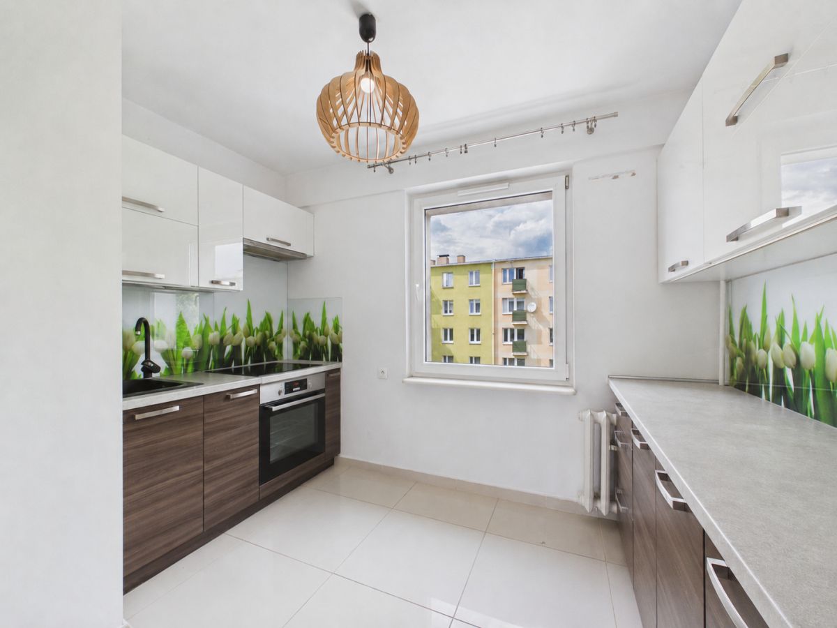 Bright modern kitchen with white upper cabinets, dark wood lower cabinets, a green plant backsplash, and a large window showing a multi-story building outside.