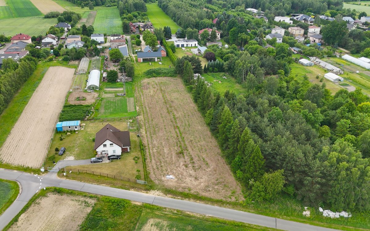Aerial view of a rural neighborhood with fields, trees, and a road running through the center. suburban houses line the edges of farmland.