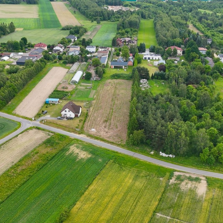 Aerial view of a rural village with houses, fields, and forested areas along a curved road.