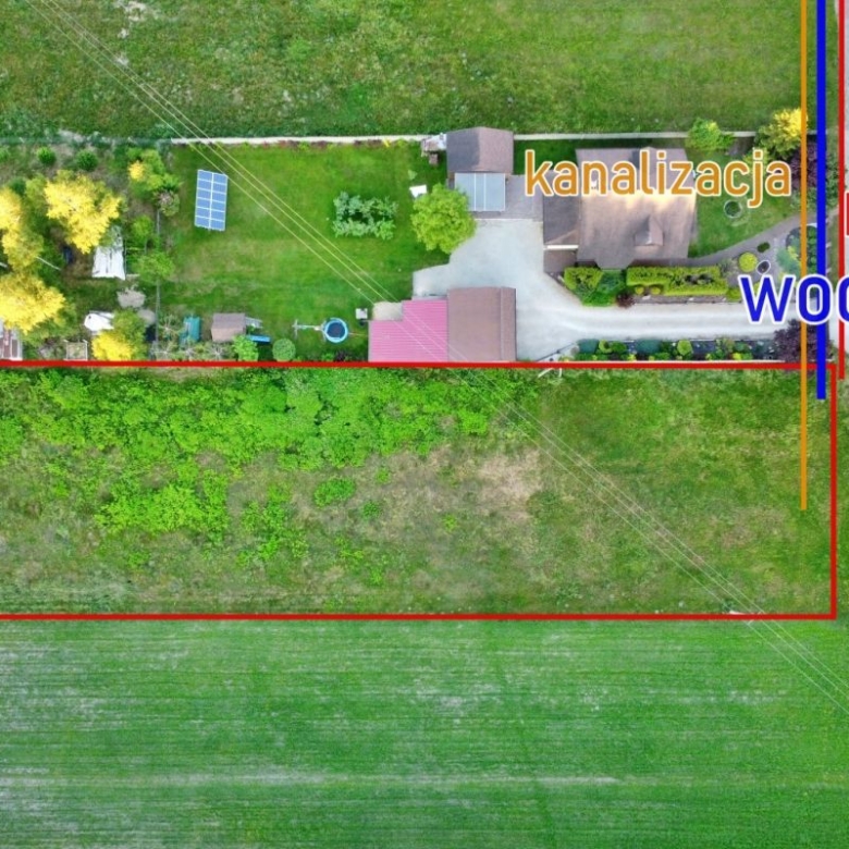 Aerial view of a house and yard with labeled utility lines: sewer (kanalizacja), water (woda), and electricity (prąd) crossing a fenced plot.