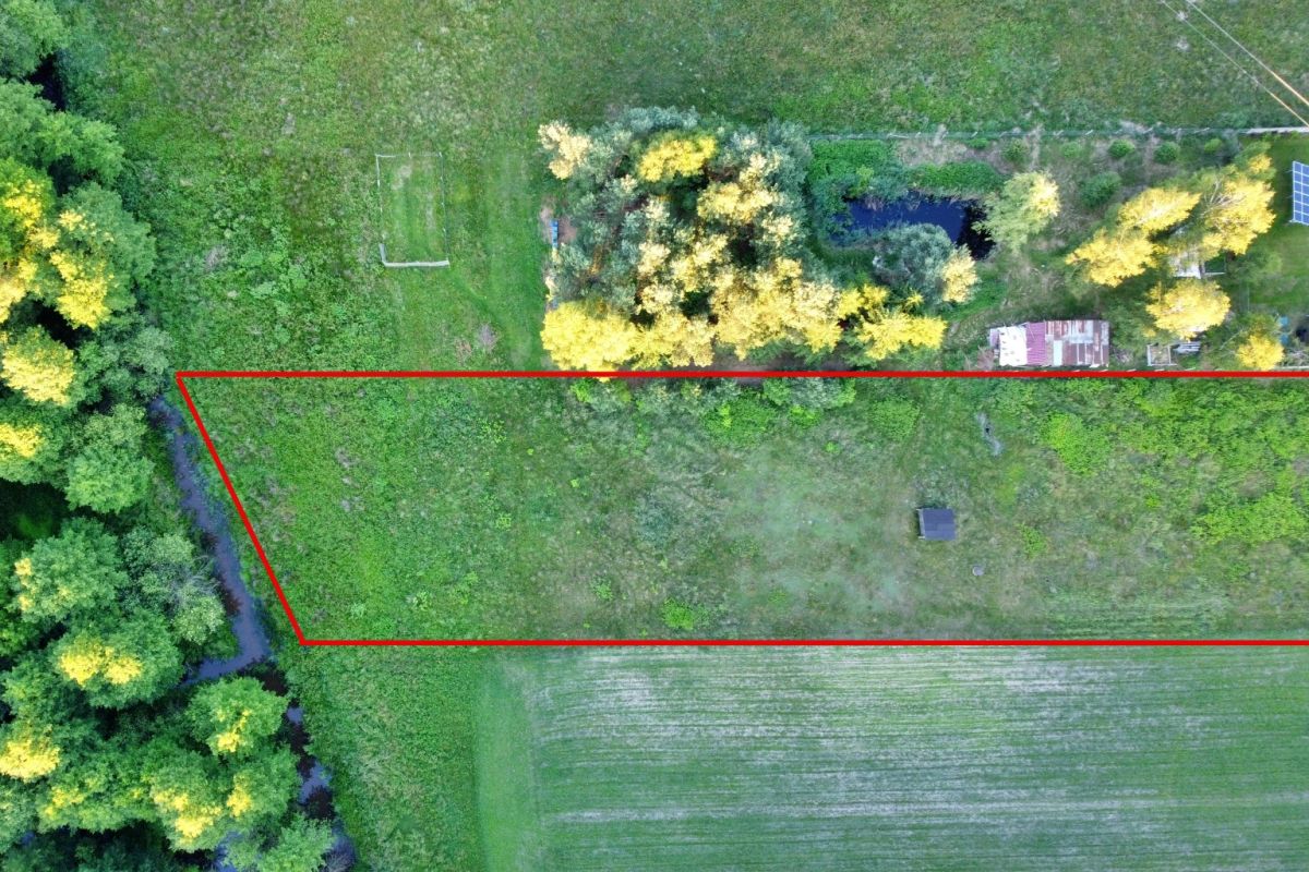 Aerial view of a red-outlined rectangular plot on green field with trees along the left edge and a small shed inside.