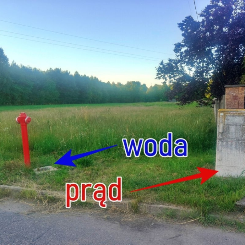 Grassy roadside with a red fire hydrant on the left and a gray utility pillar on the right; blue 'woda' marks a water access, red 'prąd' marks electricity.