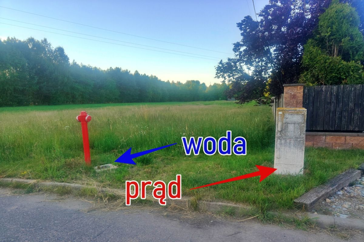 Grassy roadside with a red fire hydrant on the left and a gray utility pillar on the right; blue 'woda' marks a water access, red 'prąd' marks electricity.