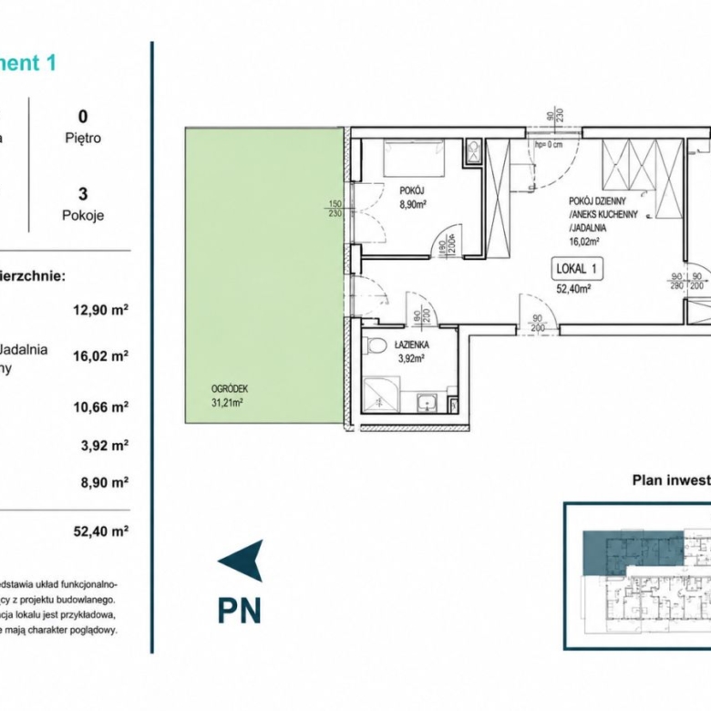 Floor plan of Apartment 1 showing layout: living area, bedroom, bathroom, kitchen, and a 31.21 m² garden area (52.40 m² total).