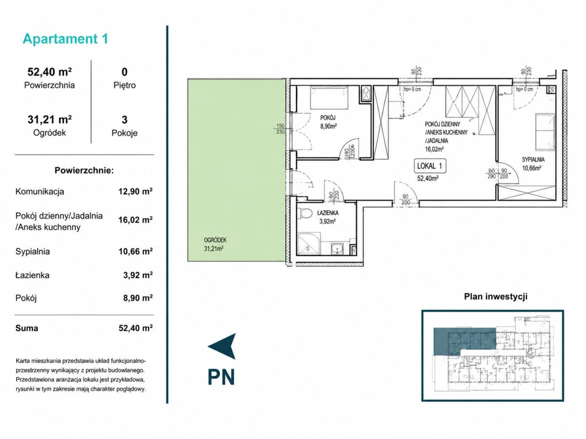 Floor plan of Apartment 1 showing layout: living area, bedroom, bathroom, kitchen, and a 31.21 m² garden area (52.40 m² total).