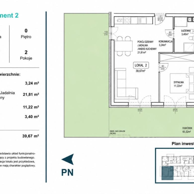 Plan of Apartment 2 showing layout: living area with kitchenette, bedroom, bathroom, and surrounding garden (65.52 m²); total floor area 39.67 m².