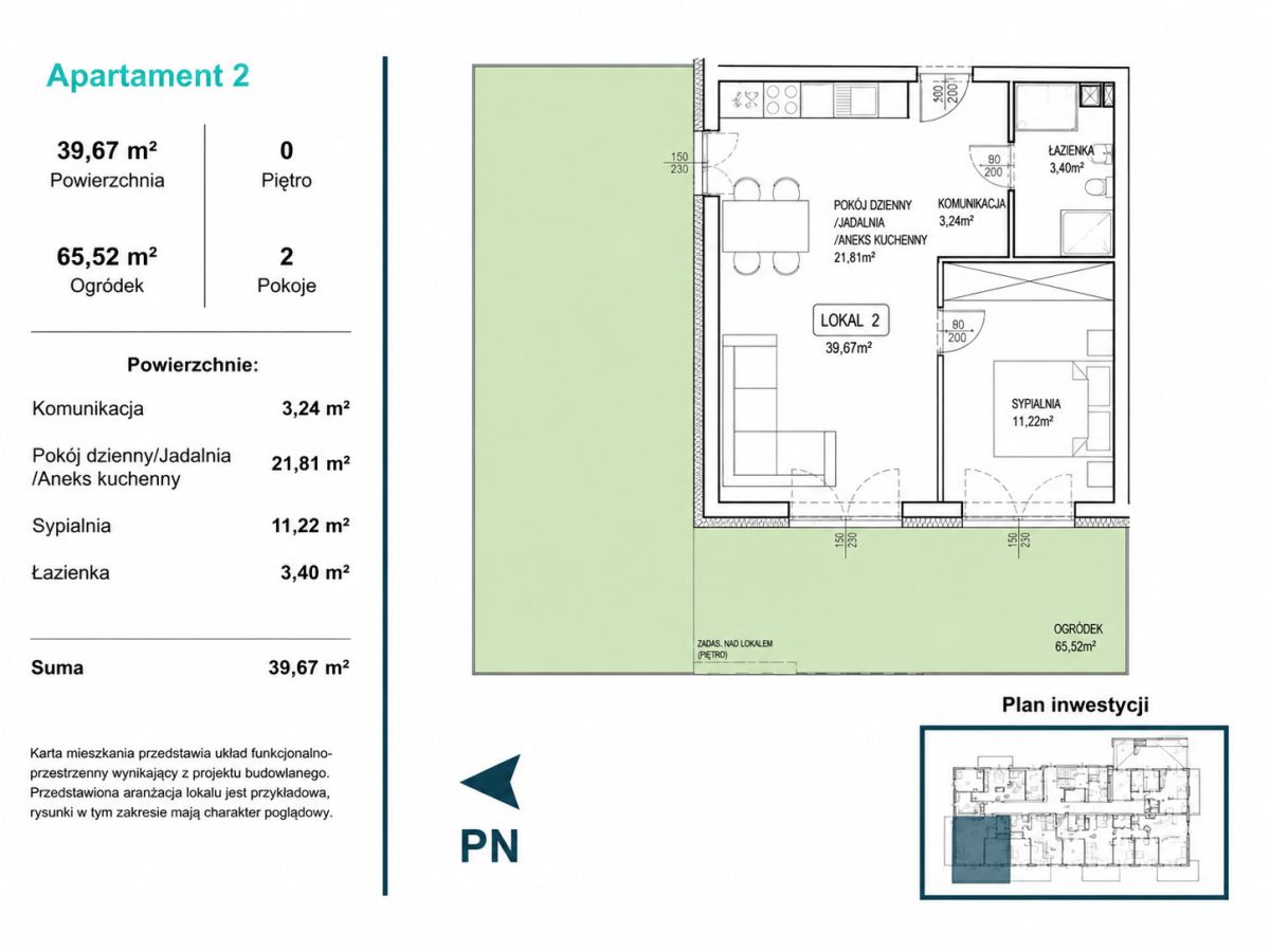 Plan of Apartment 2 showing layout: living area with kitchenette, bedroom, bathroom, and surrounding garden (65.52 m²); total floor area 39.67 m².