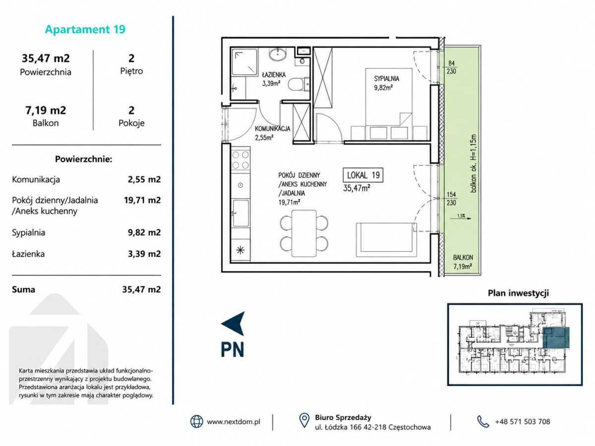 Floor plan for Apartment 19 showing a living/dining area with kitchenette, bedroom, bathroom, hallway, and a balcony on the right side.