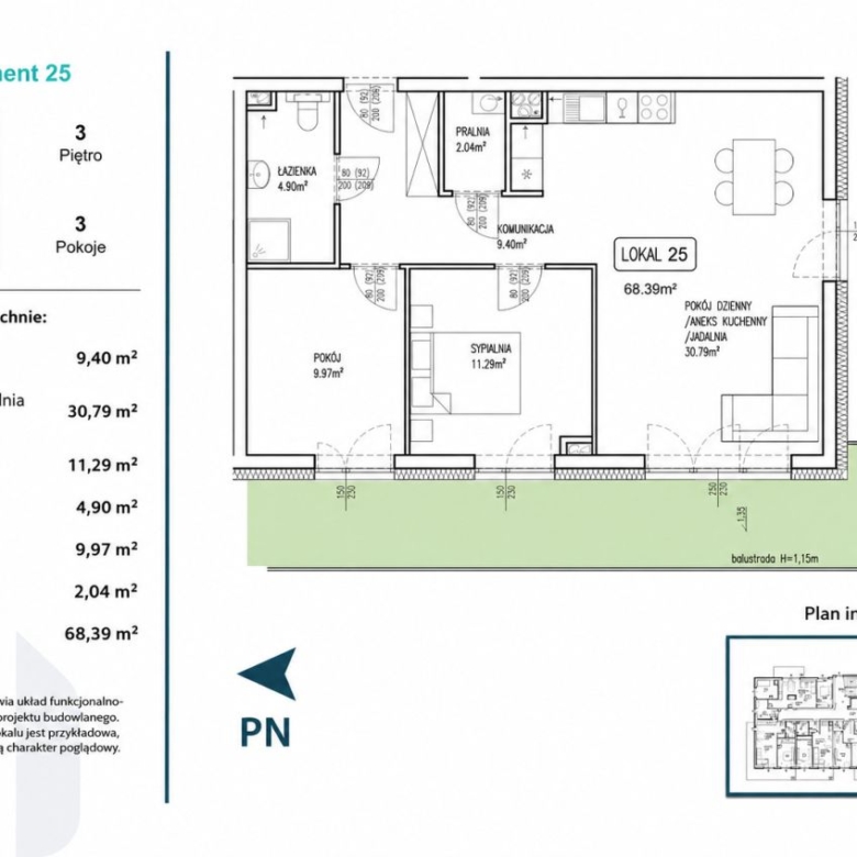 Plan mieszkania 68,39 m² z trzema pokojami, kuchnią z jadalnią, łazienką, pralnią i balkonem.