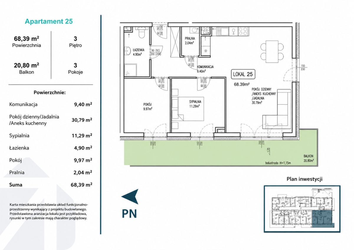 Plan mieszkania 68,39 m² z trzema pokojami, kuchnią z jadalnią, łazienką, pralnią i balkonem.