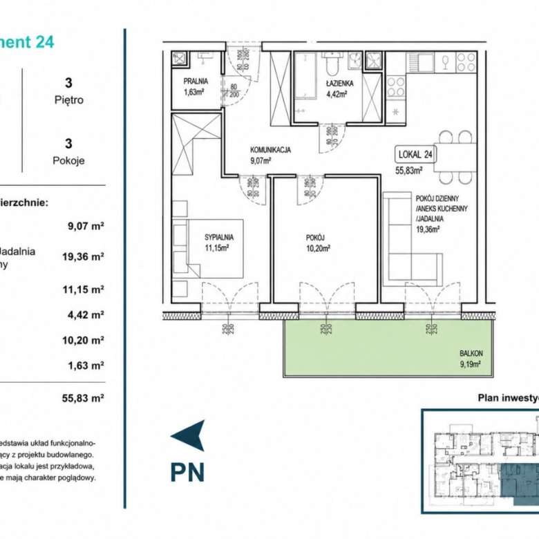 Floor plan of Apartment 24 showing layout, rooms, and balcony with labeled areas and measurements in square meters.