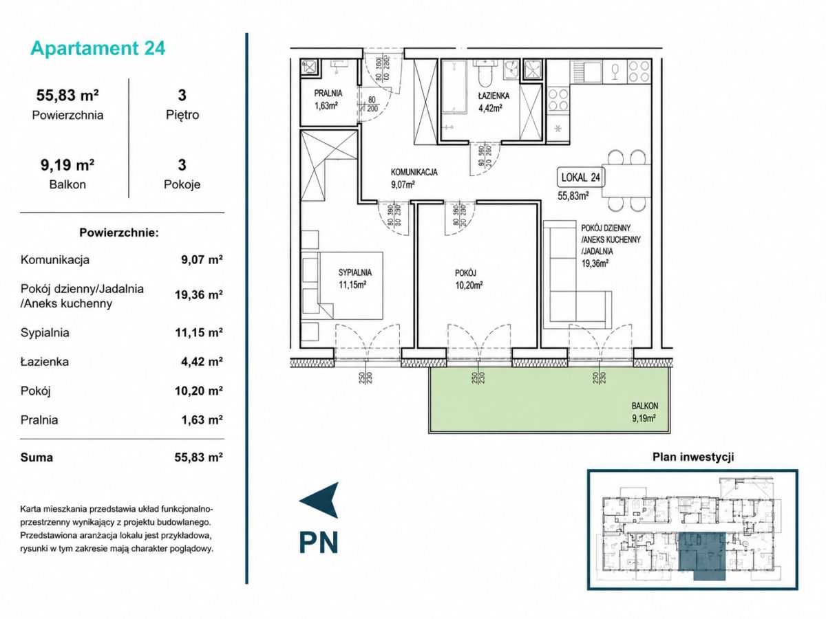 Floor plan of Apartment 24 showing layout, rooms, and balcony with labeled areas and measurements in square meters.