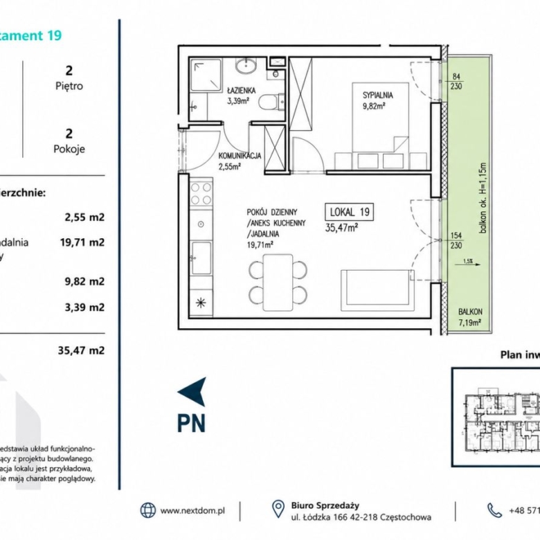 Floor plan of Apartment 19 showing living area with kitchenette, bedroom, bathroom, hallway, and balcony (7.19 m2). It’s a 2-room, 35.47 m2 layout with labeled spaces and balcony on the right side.