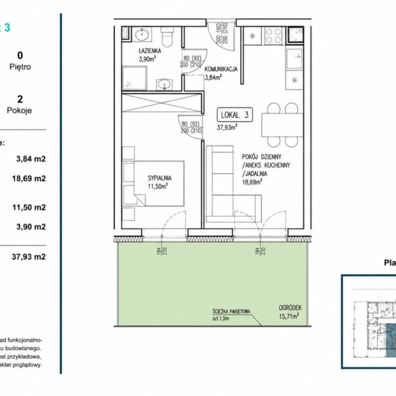 Polish floor plan of 'Apartament 3' showing two rooms, living/dining with kitchenette, bedroom, bathroom and hallway, totaling 37.93 m², plus a 15.71 m² garden (OGRóDEK).
