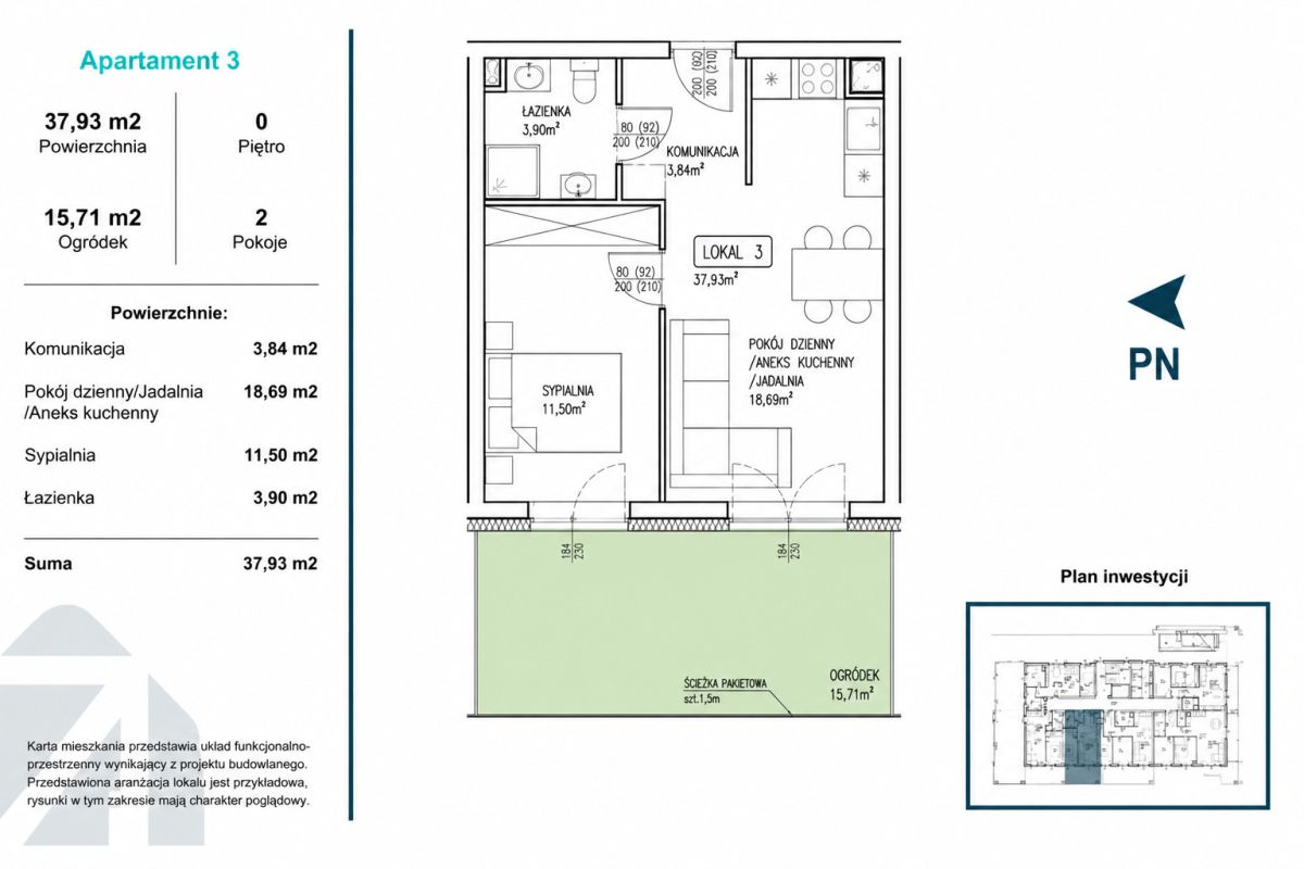 Polish floor plan of 'Apartament 3' showing two rooms, living/dining with kitchenette, bedroom, bathroom and hallway, totaling 37.93 m², plus a 15.71 m² garden (OGRóDEK).