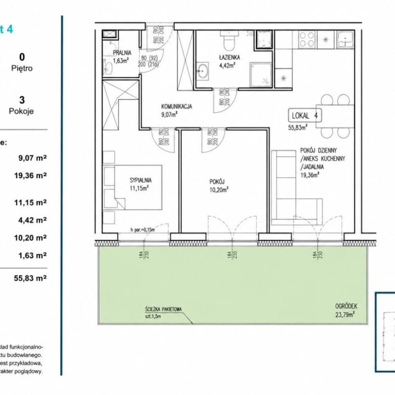Floor plan of Apartment 4: total 55.83 m2 with living area, two bedrooms, kitchen, bathroom and 23.79 m2 garden/tiered outdoor space.