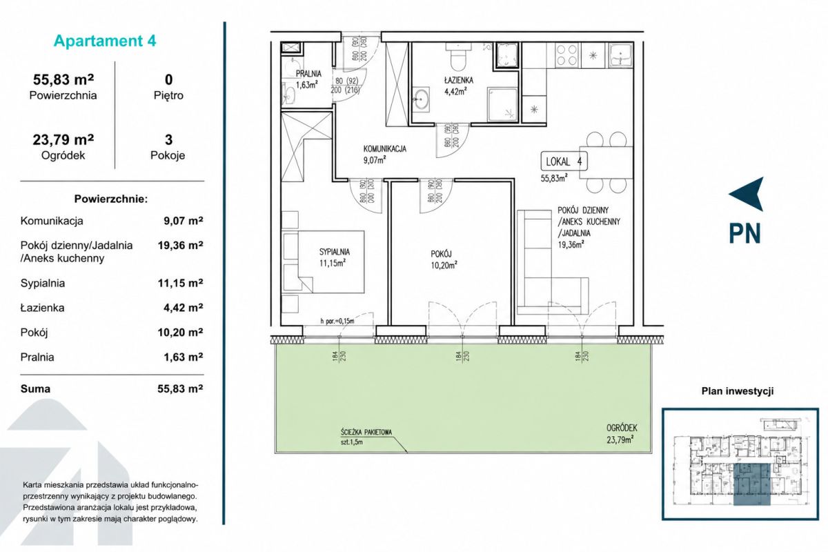 Floor plan of Apartment 4: total 55.83 m2 with living area, two bedrooms, kitchen, bathroom and 23.79 m2 garden/tiered outdoor space.