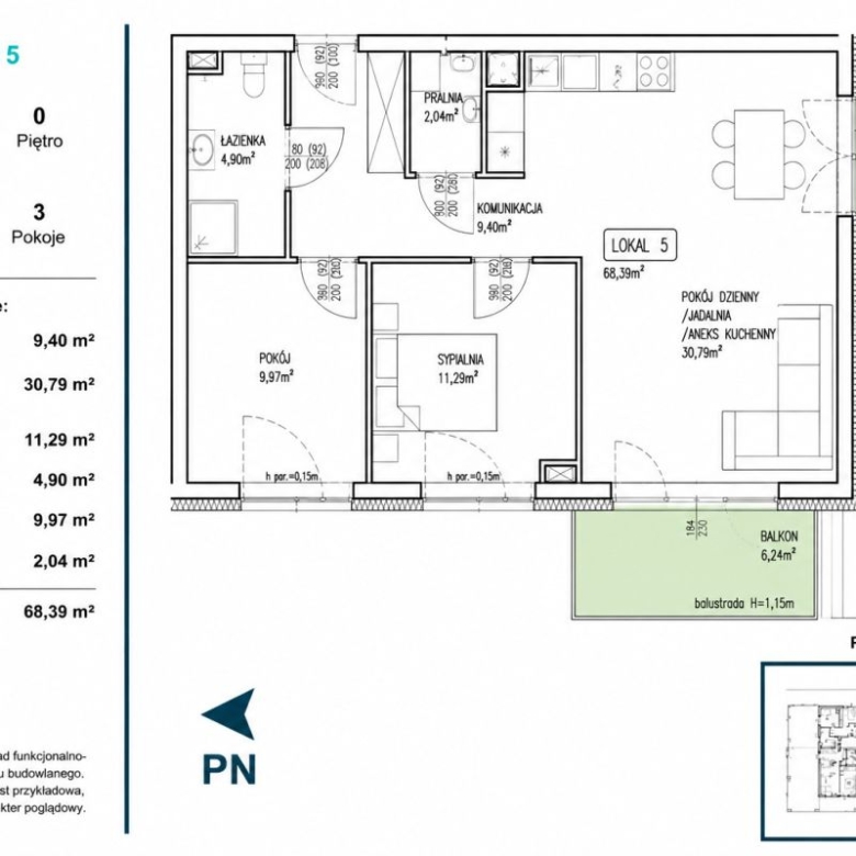 Floor plan of a Polish apartment: living room with kitchen annex, 3 rooms, bathroom, laundry, balcony and dimensions marked (68.39 m²).