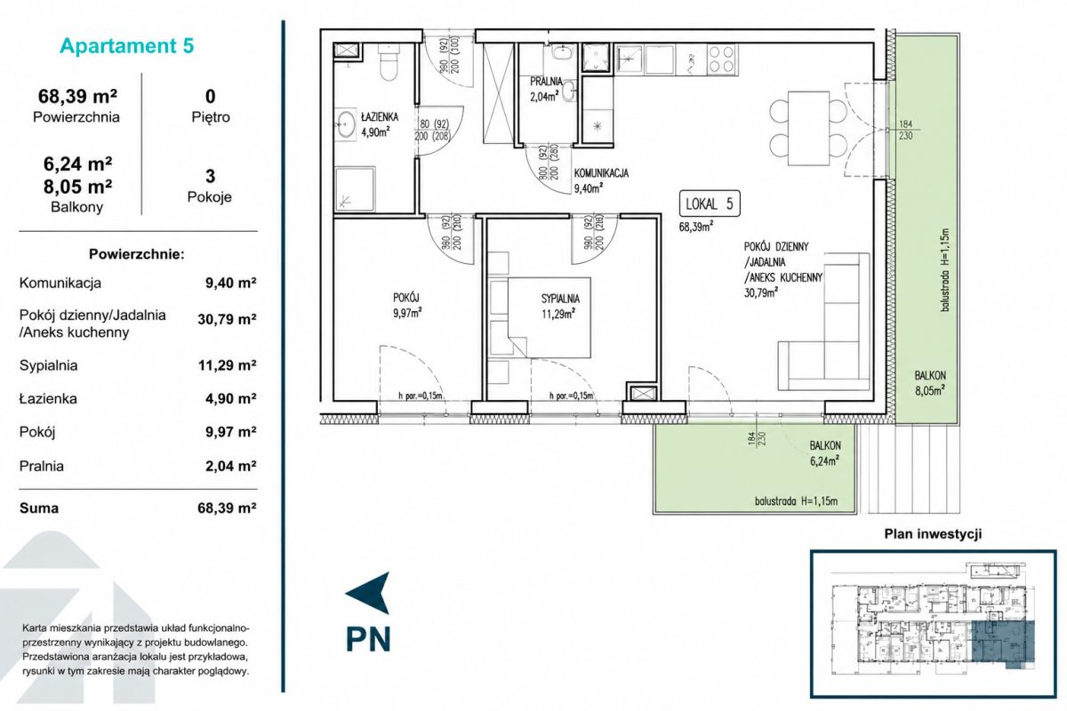 Floor plan of a Polish apartment: living room with kitchen annex, 3 rooms, bathroom, laundry, balcony and dimensions marked (68.39 m²).