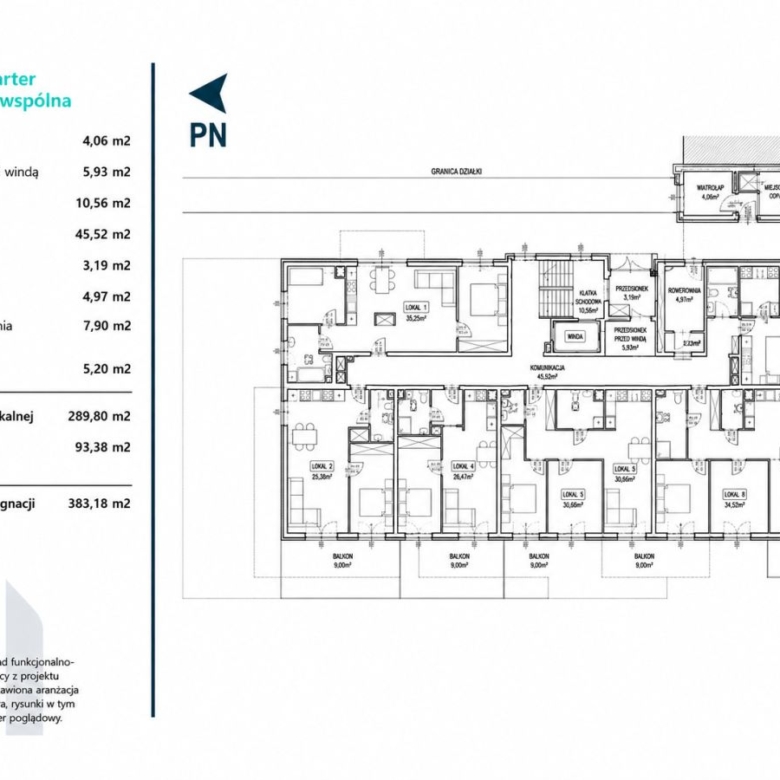 Floor plan of a multi-unit building with PN logo, showing labeled rooms and their sizes in m2 (Polish).