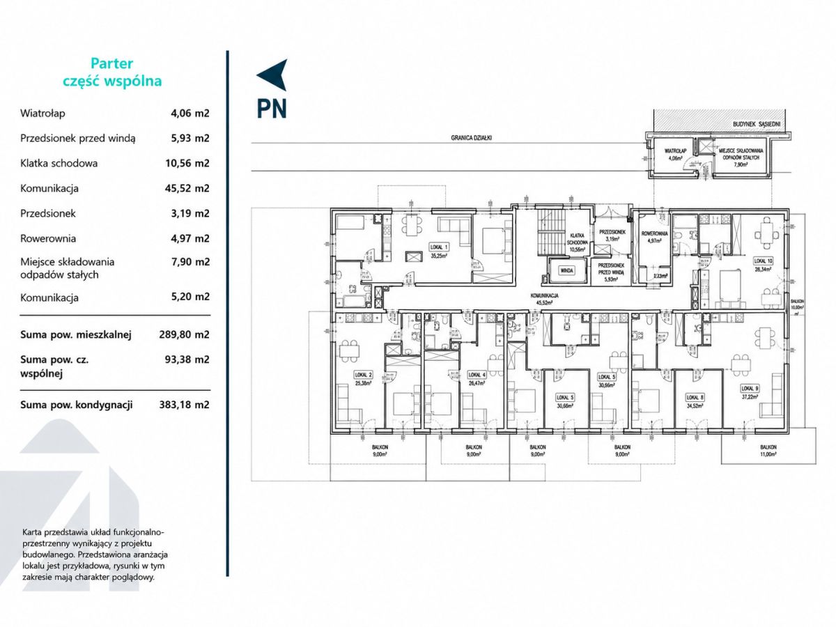 Floor plan of a multi-unit building with PN logo, showing labeled rooms and their sizes in m2 (Polish).