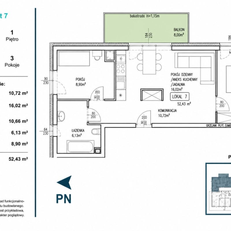Apartment 7 floor plan: 52.43 m2 with living/dining area and kitchen, bedroom, second room, bathroom, and an 8 m2 balcony; layout labeled and measurements shown when zoomed in.
