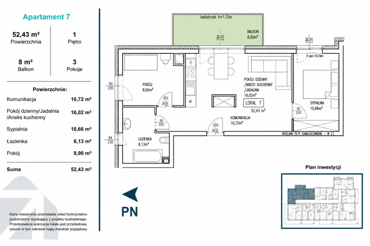 Apartment 7 floor plan: 52.43 m2 with living/dining area and kitchen, bedroom, second room, bathroom, and an 8 m2 balcony; layout labeled and measurements shown when zoomed in.