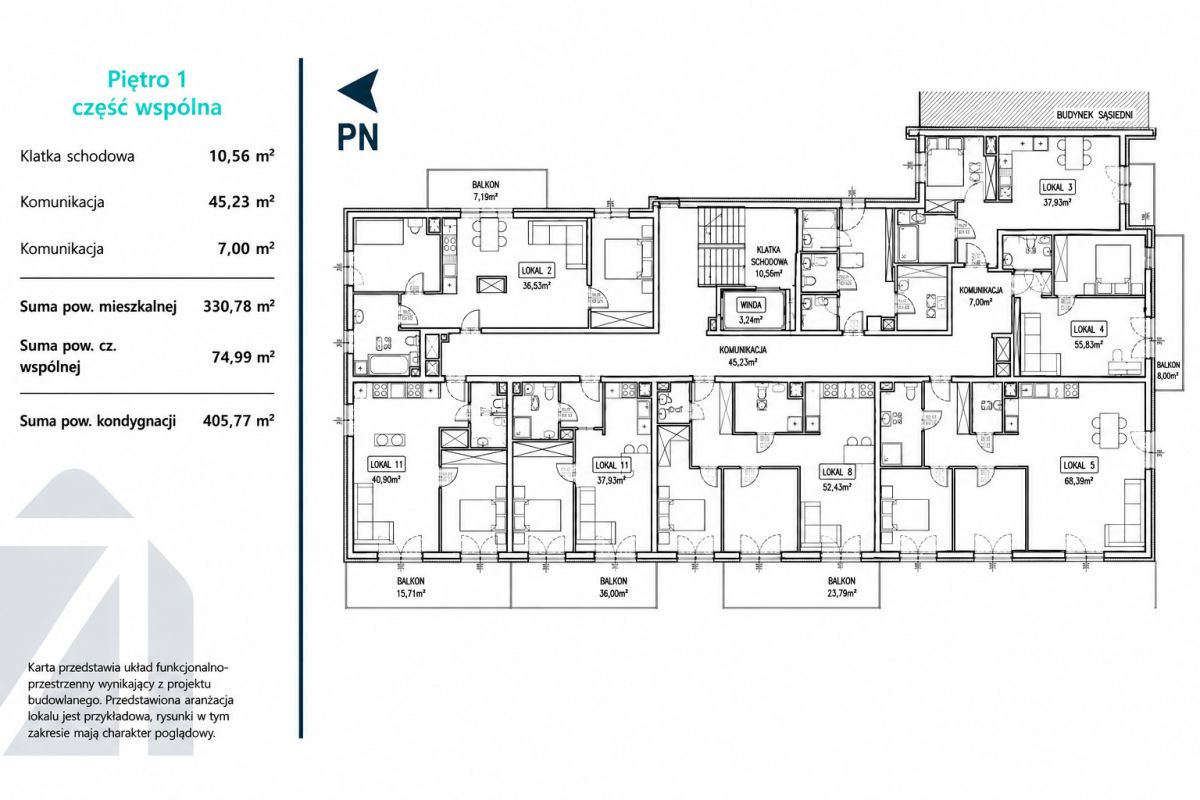 Floor plan of a multi-unit building showing apartments, corridors and balconies with unit labels (Lokal 1–11) and a left-side legend in Polish.