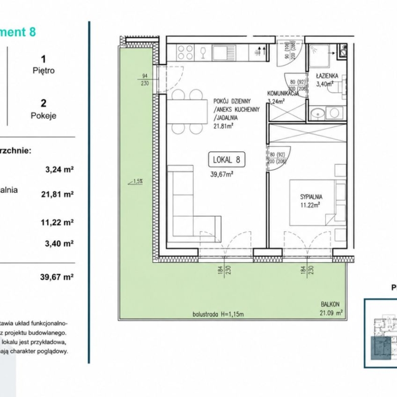 Floor plan of Apartment 8: living room with kitchenette, bedroom, bathroom, and a large balcony; total area 39.67 m² (balcony 21.09 m²) with room labels in Polish.