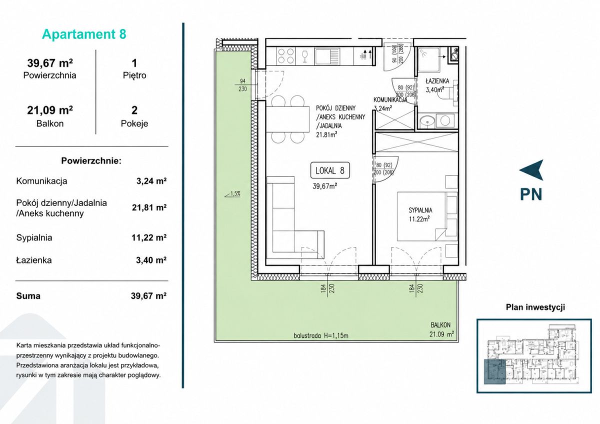 Floor plan of Apartment 8: living room with kitchenette, bedroom, bathroom, and a large balcony; total area 39.67 m² (balcony 21.09 m²) with room labels in Polish.