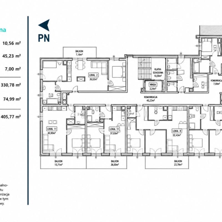 Floor plan of a multi-unit building with labeled units, balconies, and common areas (PN).