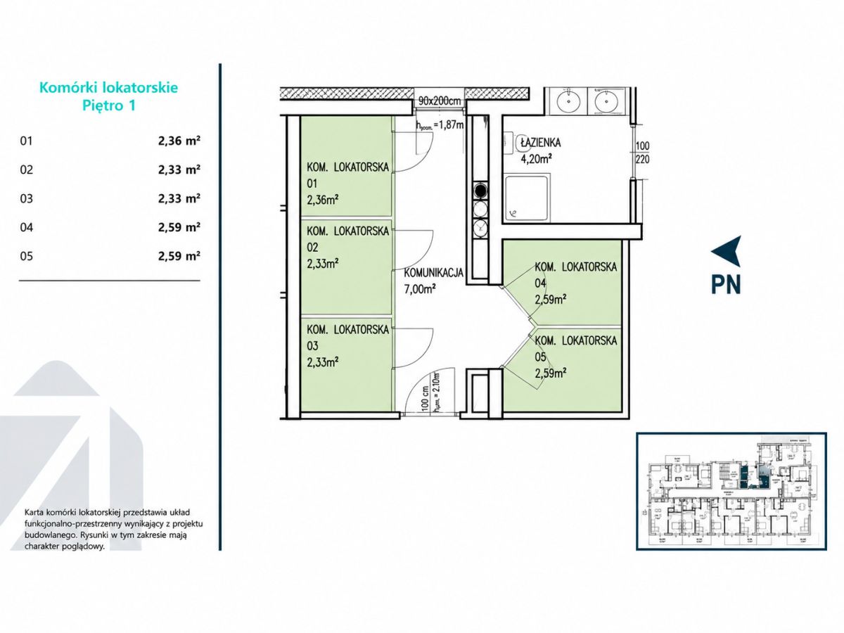 Floor plan of rental pods on level 1 showing five rooms (KOM. LOKATORSKA 01–05) with their sizes and a central corridor.