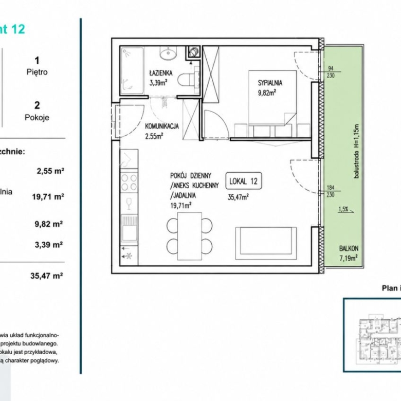 Plan mieszkania 12: salon z aneksem kuchennym, sypialnia, łazienka i balkon; całkowita powierzchnia 35,47 m² (7,19 m² balkon).