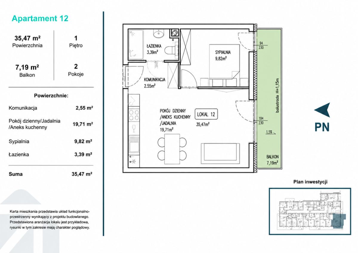 Plan mieszkania 12: salon z aneksem kuchennym, sypialnia, łazienka i balkon; całkowita powierzchnia 35,47 m² (7,19 m² balkon).