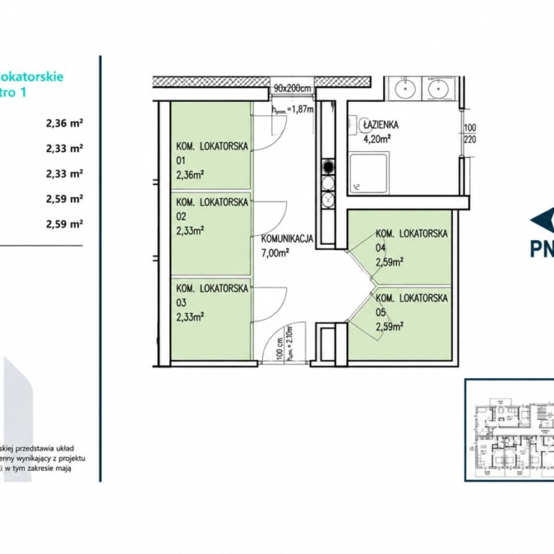 Floor plan of a rental unit showing five rooms (KOM. LOKATORSKA 01–05), a bathroom, and corridors with room sizes (about 2.3–2.6 m²).