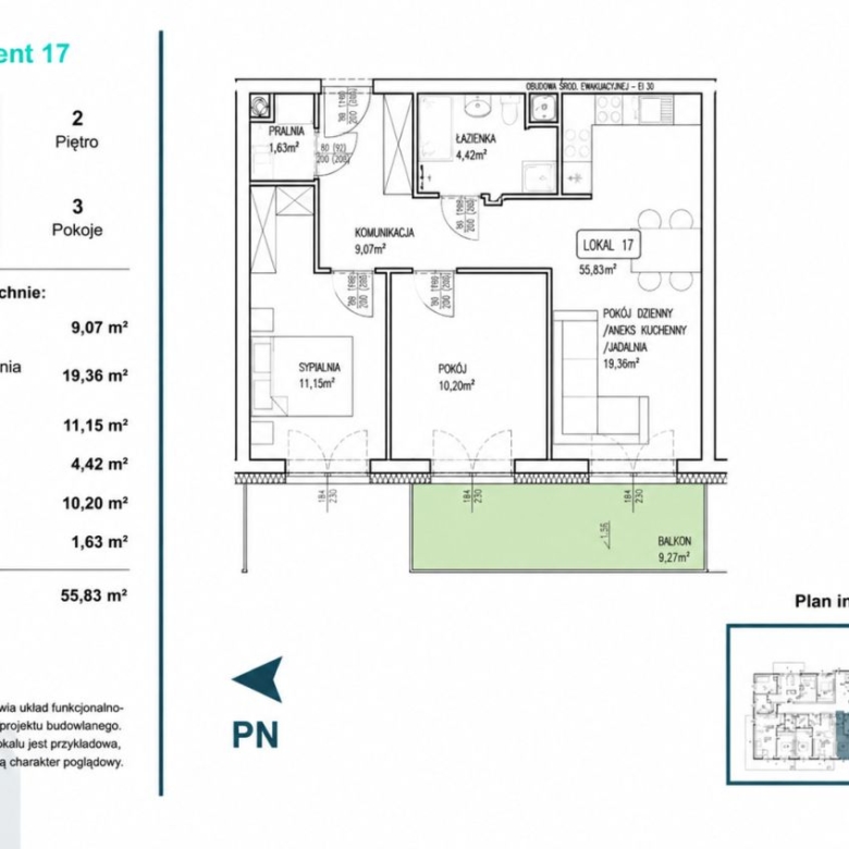 Floor plan of Apartment 17: total 55.83 m2 on the 2nd floor, with living room/kitchen 19.36 m2, bedroom 11.15 m2, second room 10.20 m2, bathroom 4.42 m2, laundry 1.63 m2, hallway 9.07 m2, balcony 9.27 m2 (green highlighted).