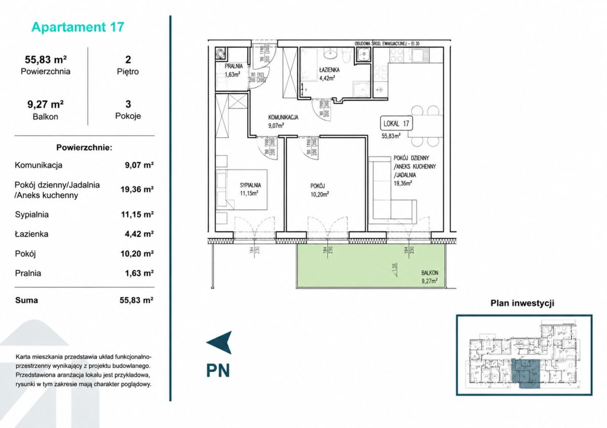 Floor plan of Apartment 17: total 55.83 m2 on the 2nd floor, with living room/kitchen 19.36 m2, bedroom 11.15 m2, second room 10.20 m2, bathroom 4.42 m2, laundry 1.63 m2, hallway 9.07 m2, balcony 9.27 m2 (green highlighted).