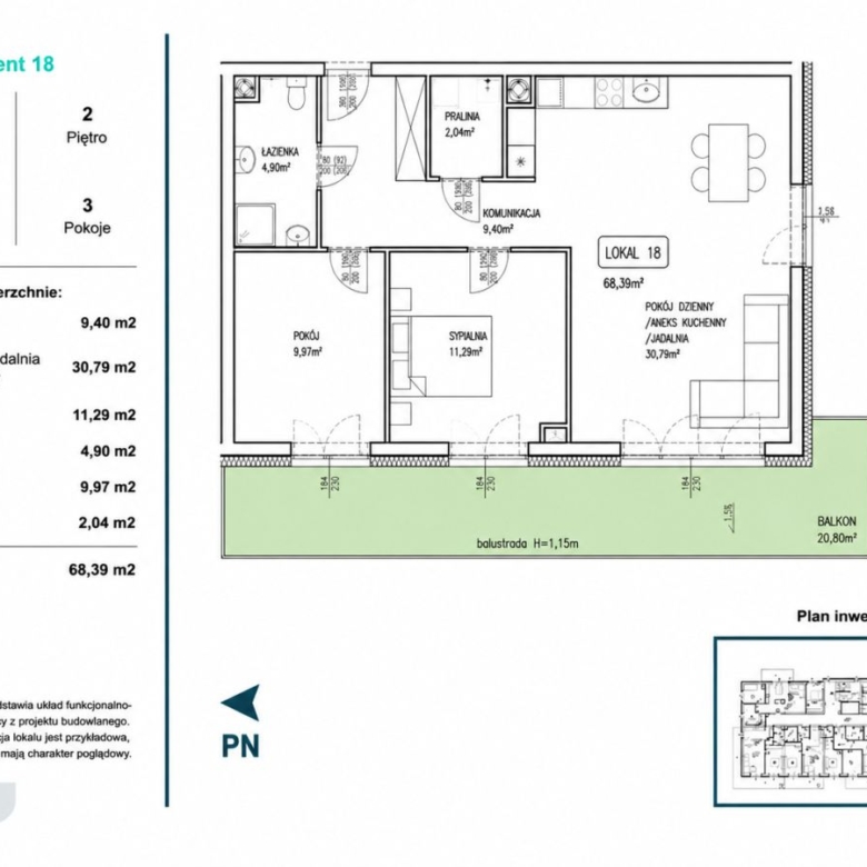 Floor plan of apartment 18: total 68.39 m2 with a 20.8 m2 balcony; rooms include living/kitchen 30.79 m2, bedroom 11.29 m2, another room 9.97 m2, bathroom 4.9 m2, laundry 2.04 m2.